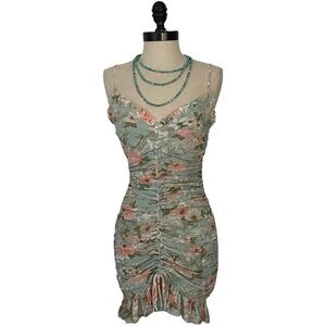 Windsor Floral, Ruched Lightweight Green And Pink Mini Dress - Size Medium - NWT